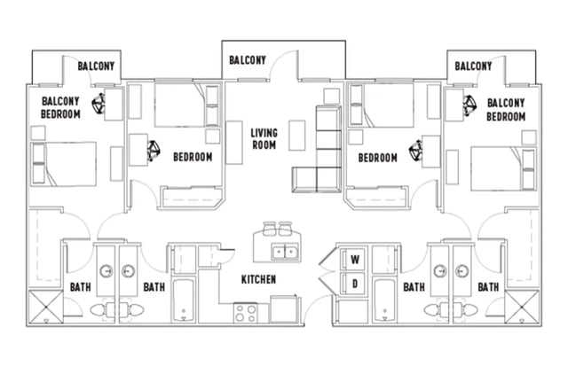Floor plan four bedrooms living room kitchen bathrooms balcony layout at The Block on 28th in Austin Student Accommodation