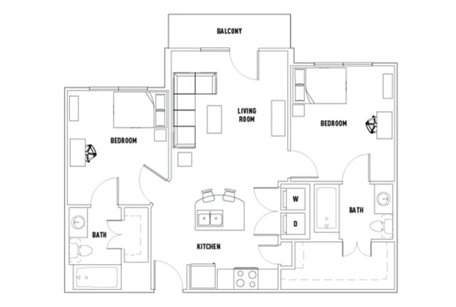 Two bedrooms living room kitchen two baths floor plan at The Block on 28th in Austin Student Accommodation