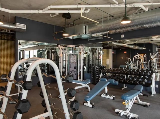 Dumbbells weight machines and benches gym area at The James in Madison Student Accommodation