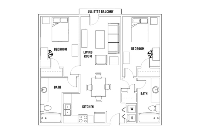 Two bedrooms living room kitchen baths floor plan at Union in Waco Student Accommodation