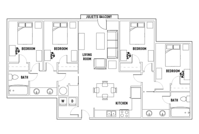 Floor plan with five bedrooms living room kitchen floor plan at Union in Waco Student Accommodation