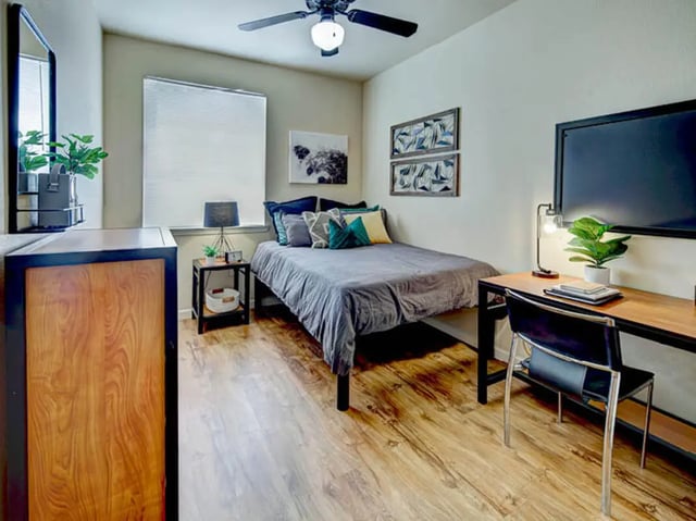 Bed nightstand desk chair and television bedroom at Union in Waco Student Accommodation