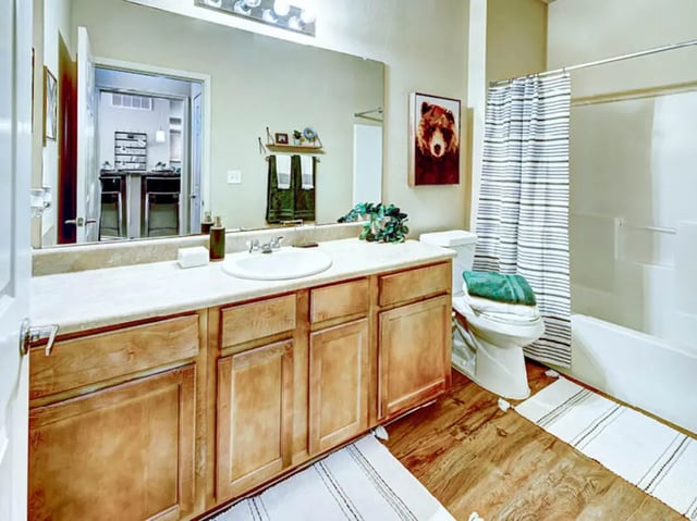 Wood cabinets sink toilet shower curtain bathroom at Union in Waco Student Accommodation