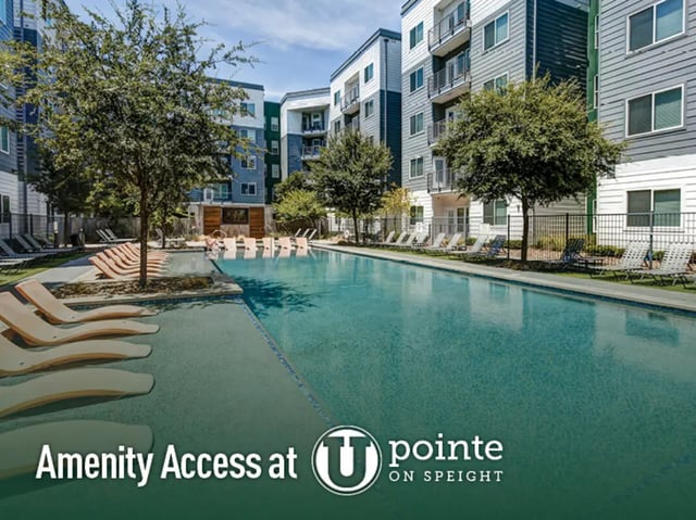 Swimming pool with lounge chairs and apartments Exterior at Union in Waco Student Accommodation