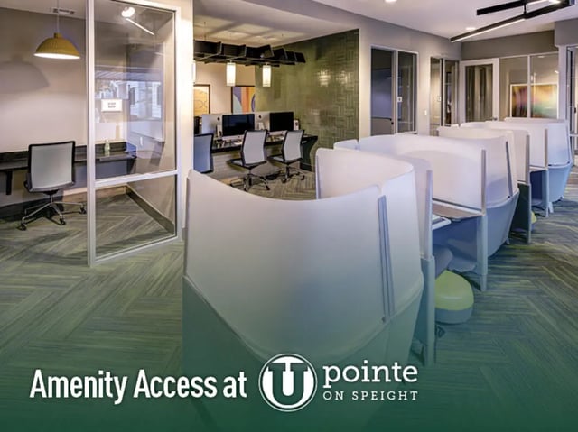 Individual study pods with computers communal workspace Study area at Union in Waco Student Accommodation