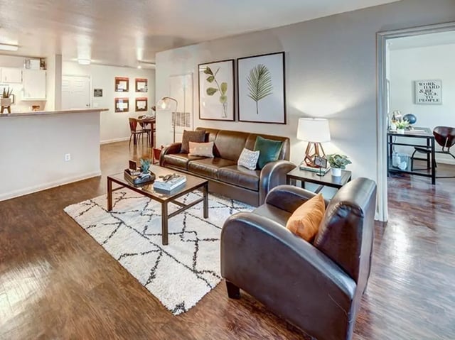 Leather sofa coffee table rug living room at University Trails in Lubbock Student Accommodation
