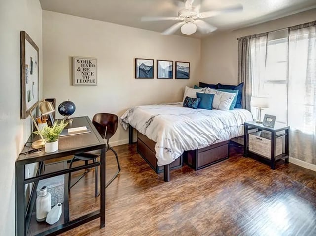 Desk bed nightstand with storage bedroom at University Trails in Lubbock Student Accommodation