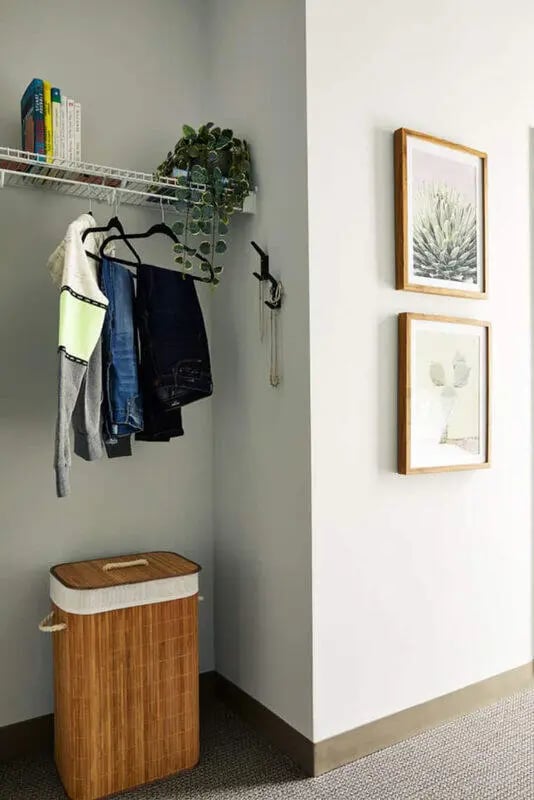 Closet with hanging clothes laundry basket art Bedroom closet at Seven07 in Champaign Student Accommodation