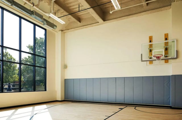 Basketball hoop wall padding large window court playing area at Seven07 in Champaign Student Accommodation