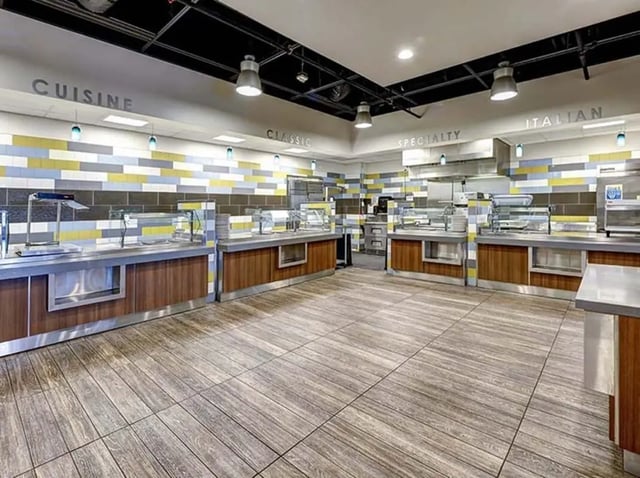 Serving counters with glass sneeze guards dining area at The Castilian in Austin Student Accommodation