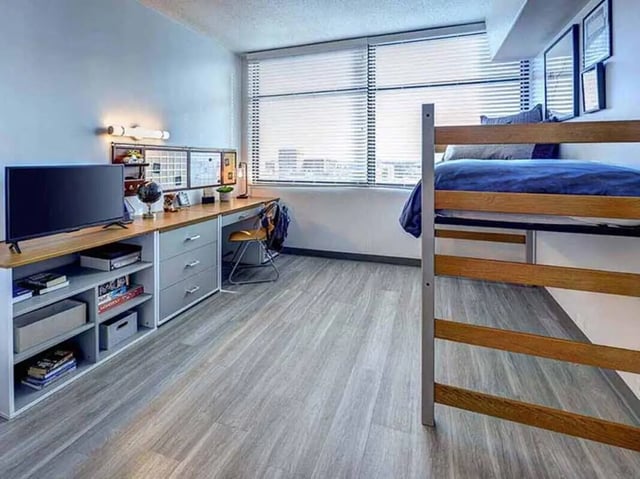Bunk bed desk television and shelving unit bedroom at The Castilian in Austin Student Accommodation