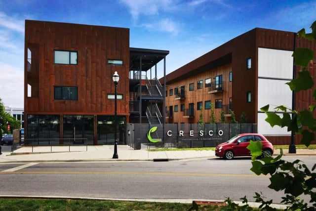 Modern building exterior with CRESCO sign exterior at Park East in Springfield Student Accommodation