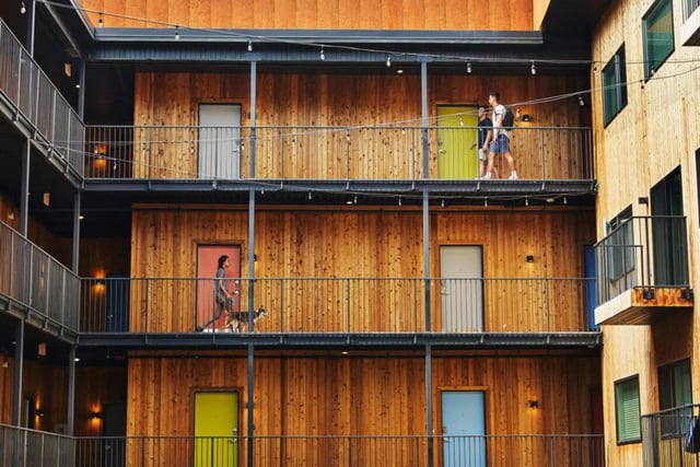 Wood exterior with balconies and doors exterior at Park East in Springfield Student Accommodation