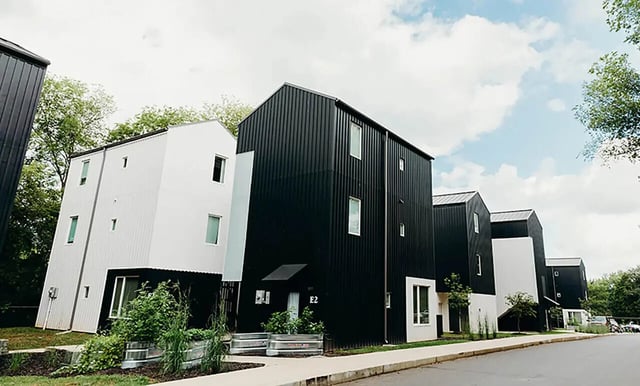 Modern townhouses with black and white exteriors exterior at Muse Bowling Green in Bowling Green Student Accommodation