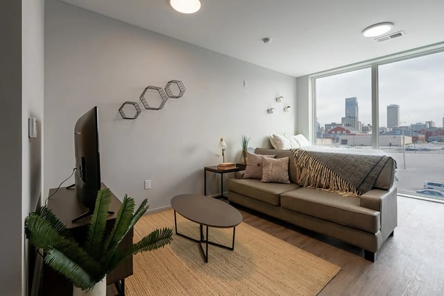 Sofa coffee table TV plant cityscape studio apartment at Muse Omaha in Omaha Student Accommodation