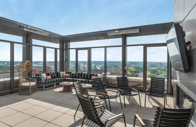Patio furniture with city view outdoor lounge at Six11 in Ann Arbor Student Accommodation