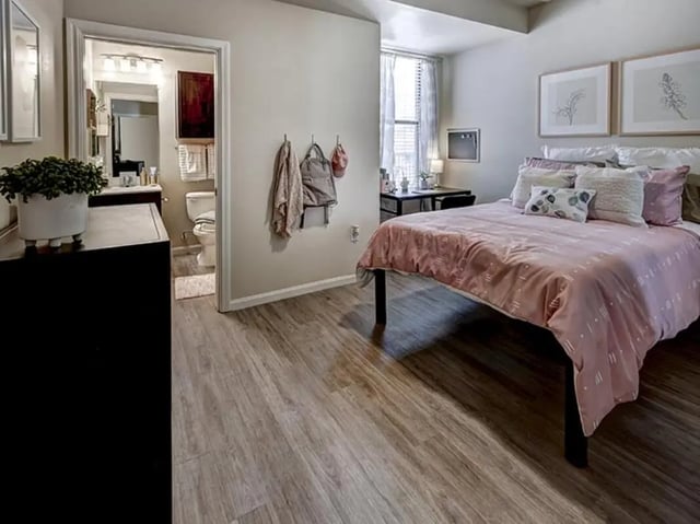 Bed desk bathroom entry bedroom at The Village at Overton Park in Lubbock Student Accommodation