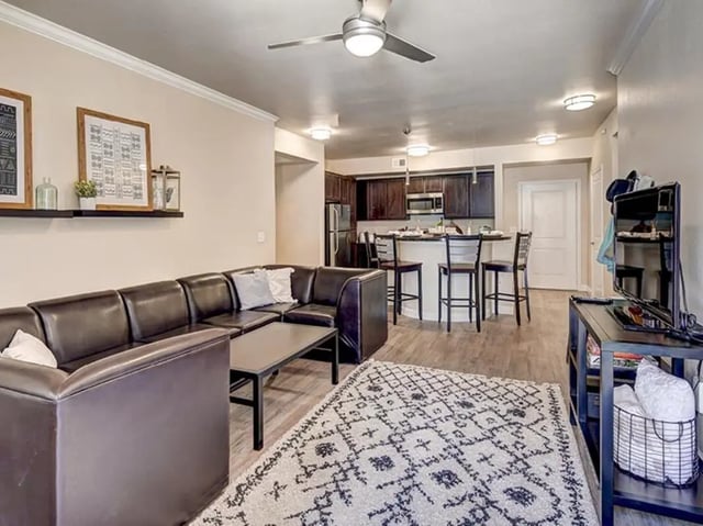 Dark sectional couch coffee table patterned rug living room at The Village at Overton Park in Lubbock Student Accommodation