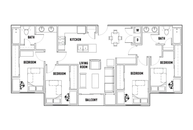 Four bedrooms kitchen living room balcony floor plan at University Commons in Minneapolis Student Accommodation