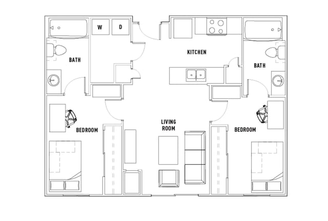 Two bedrooms kitchen bath living room floor plan at University Commons in Minneapolis Student Accommodation