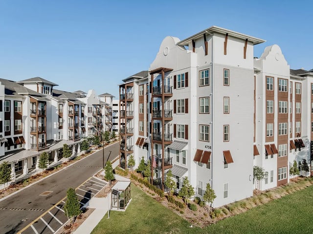 Apartment buildings with balconies and parking garages exterior at Current Orlando in Orlando Student Accommodation
