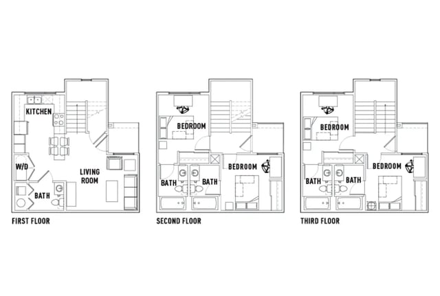 Floor plans showing kitchen living room bedrooms bathrooms floor plans at Villas at Babcock in San Antonio Student Accommodation