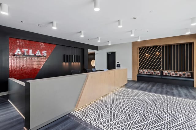 Atlas Athens reception desk and seating area interior at Atlas Athens in Athens Student Accommodation