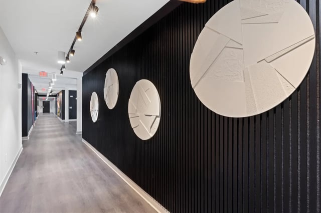 Modern hallway with art installation hallway at Atlas Athens in Athens Student Accommodation