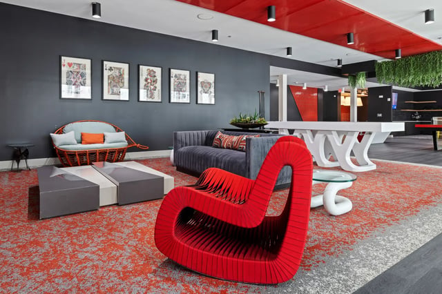 Contemporary lounge with modern furniture and art. at Atlas Athens in Athens Student Accommodation