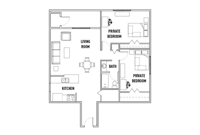 Floor plan with kitchen living room two bedrooms bath at Willowtree Apartments & Tower in Ann Arbor Student Accommodation