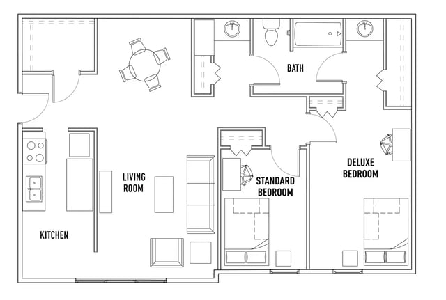 Floor plan with kitchen living room and bedrooms floor plan at Willowtree Apartments & Tower in Ann Arbor Student Accommodation