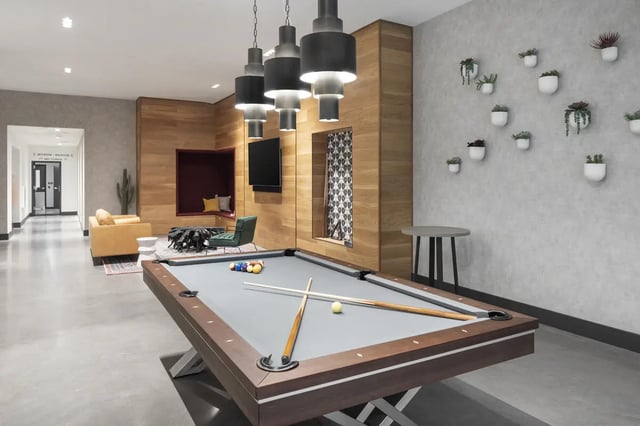 Pool table and seating area communal room at Atmosphere Tempe in Tempe Student Accommodation