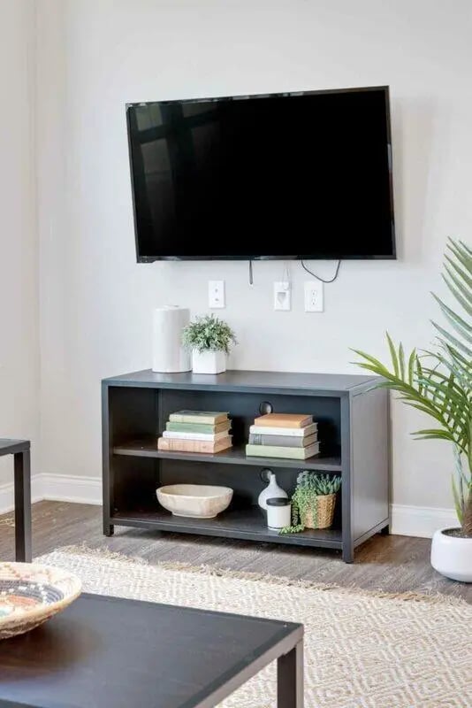 TV on wall bookshelf with books and plant living room at Midtown Stillwater Student Apartments in Stillwater Student Accommodation