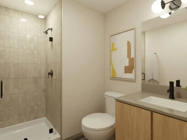Shower toilet vanity with artwork bathroom at Rambler Tempe Apartments in Tempe Student Accommodation