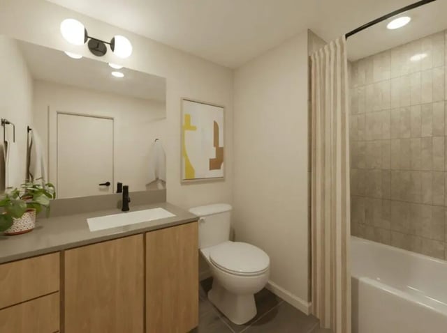 Vanity toilet bathtub and shower curtain bathroom at Rambler Tempe Apartments in Tempe Student Accommodation