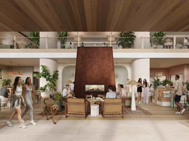 Modern lounge area with fireplace and people living room at Rambler Tempe Apartments in Tempe Student Accommodation