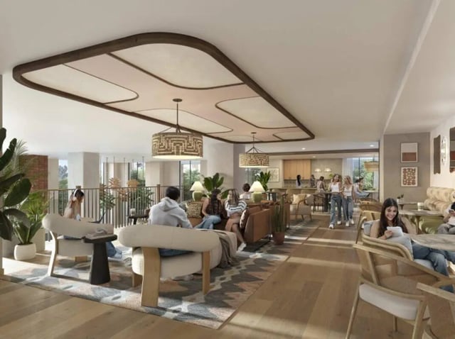 Modern communal lounge with seating and kitchen area Living room at Rambler Tempe Apartments in Tempe Student Accommodation