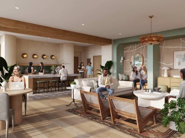Lounge area with seating and bar stools communal space at Rambler Tempe Apartments in Tempe Student Accommodation