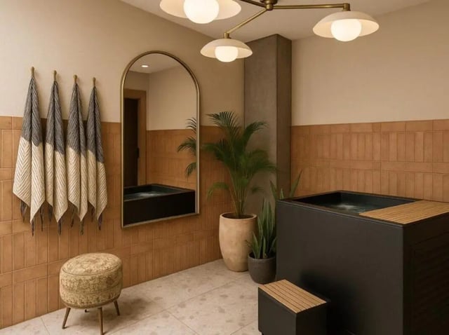 Towels stool bathtub plants mirror bathroom at Rambler Tempe Apartments in Tempe Student Accommodation