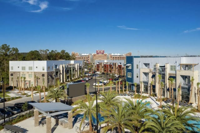 Apartment buildings with pool and palm trees exterior at Stadium Enclave in Tallahassee Student Accommodation