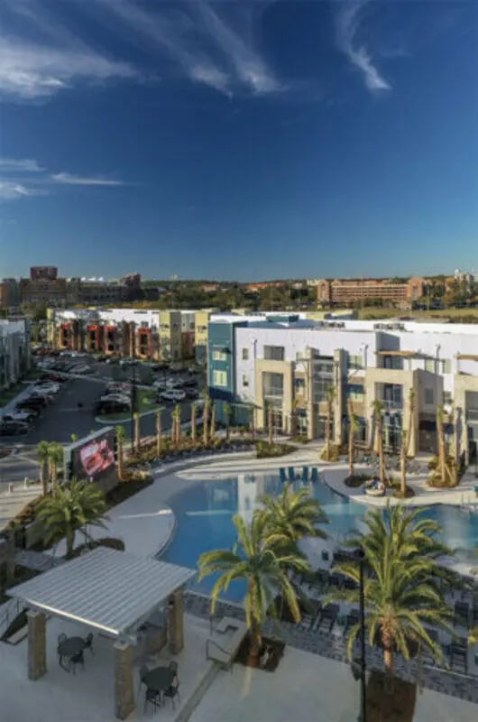 Apartment buildings pool and palm trees exterior at Stadium Enclave in Tallahassee Student Accommodation