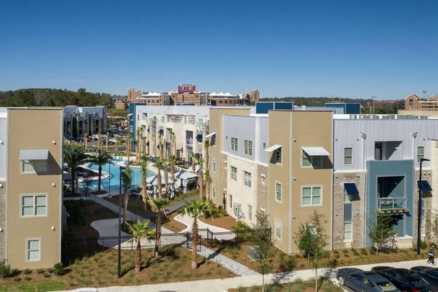 Apartment buildings with a pool and palm trees exterior at Stadium Enclave in Tallahassee Student Accommodation