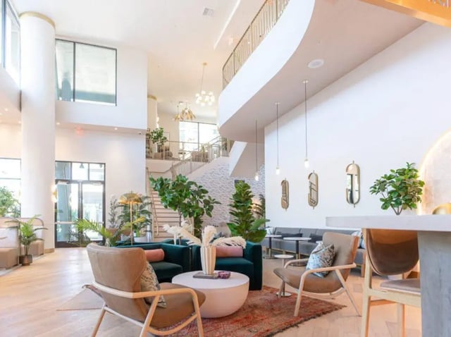 Stylish seating and plants in communal living area at Sweetwater Gainesville Apartments in Gainesville Student Accommodation