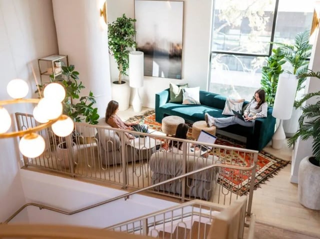 Sofa chairs ottoman rug plants lighting living room at Sweetwater Gainesville Apartments in Gainesville Student Accommodation