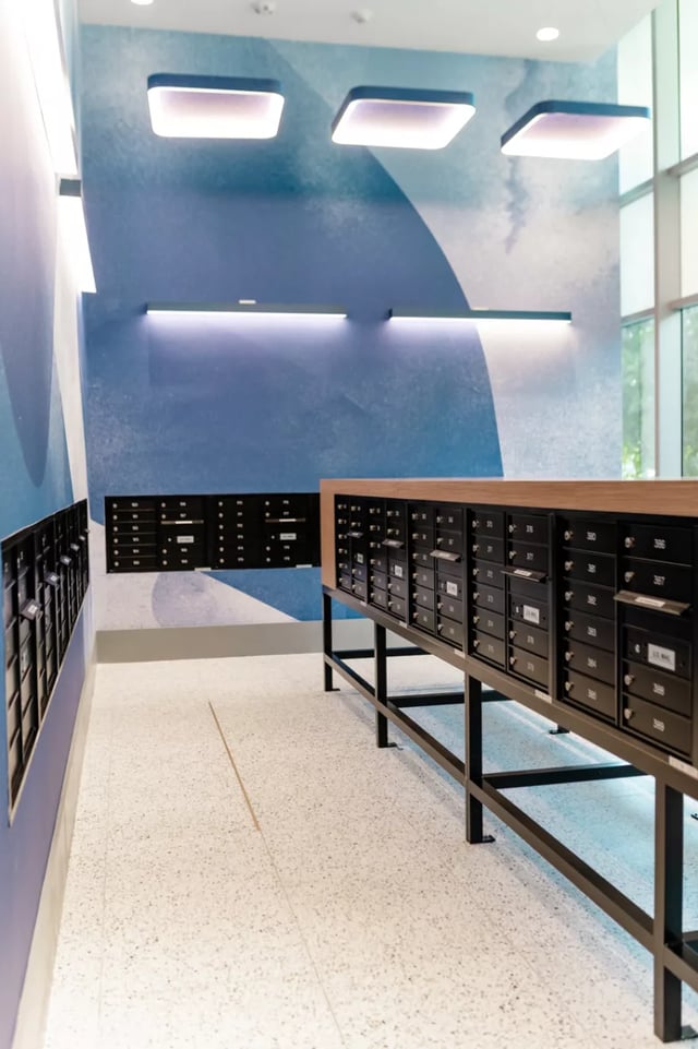Mailboxes in a modern hallway entryway at Lapis in Miami Student Accommodation