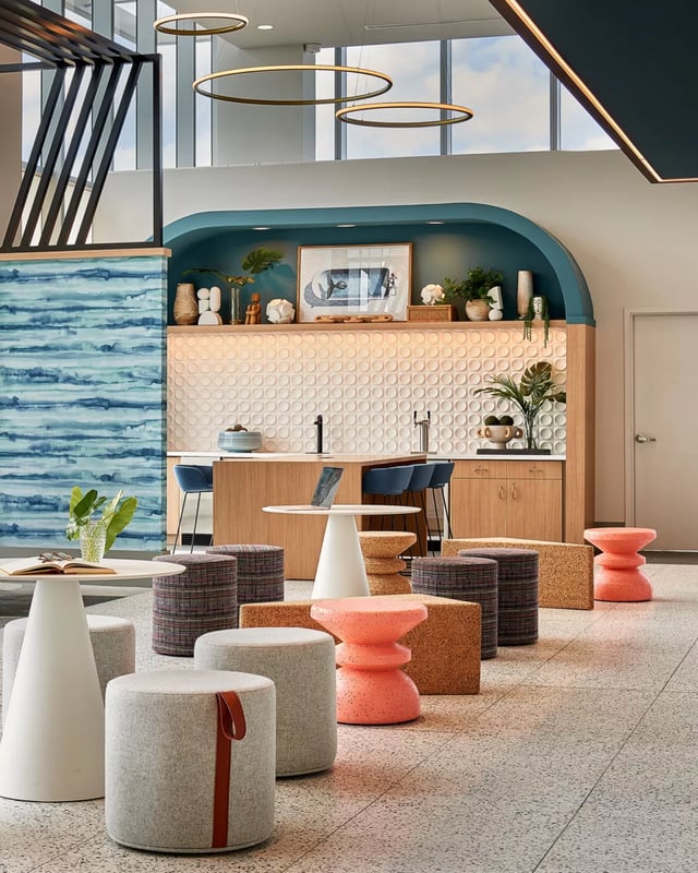 Modern communal space with varied stools living room at Lapis in Miami Student Accommodation