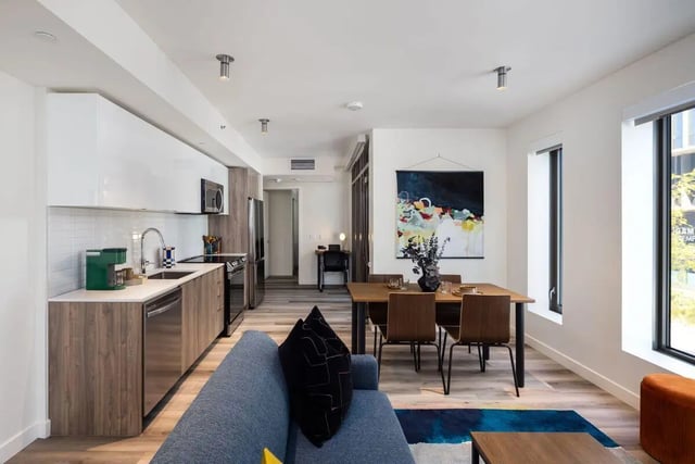 Modern kitchen dining and living area Living room at ACE Berkeley Student Apartments in Berkeley Student Accommodation