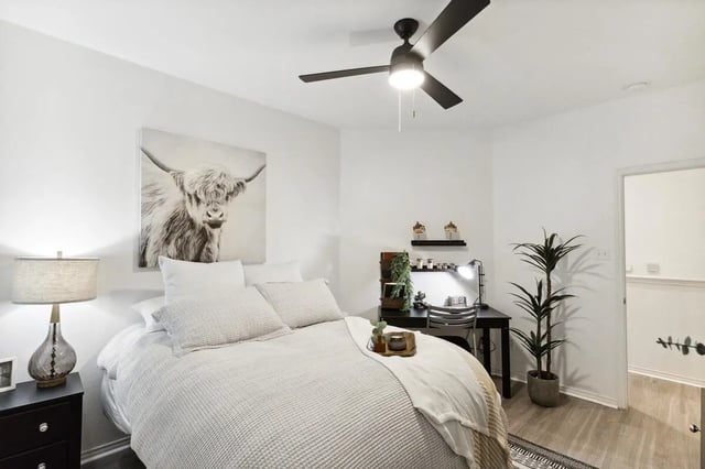 Bed desk plant art ceiling fan bedroom at The Village on Telluride in San Marcos Student Accommodation
