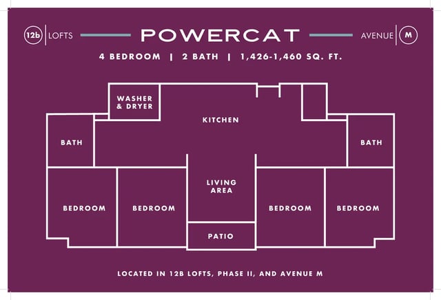Floor plan with four bedrooms, two baths, kitchen, living area, patio, and laundry. at 12b Lofts Apartments in Manhattan Student Accommodation
