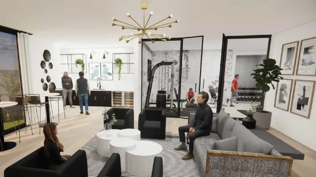 Living area with gym and kitchen common space at The Tate on Howard in Kalamazoo Student Accommodation